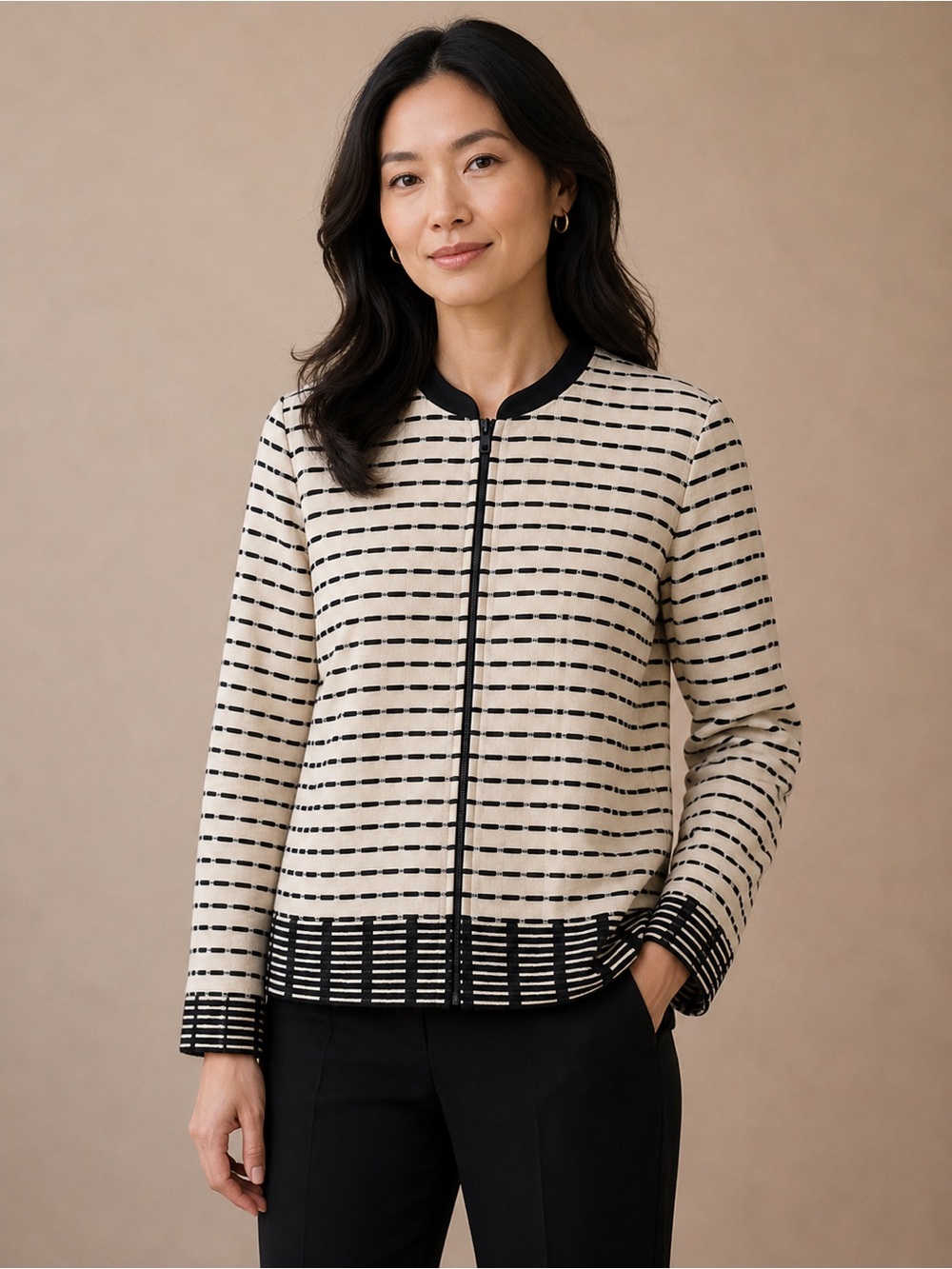 Chico's Black and Cream Striped Zip-Up Cardigan